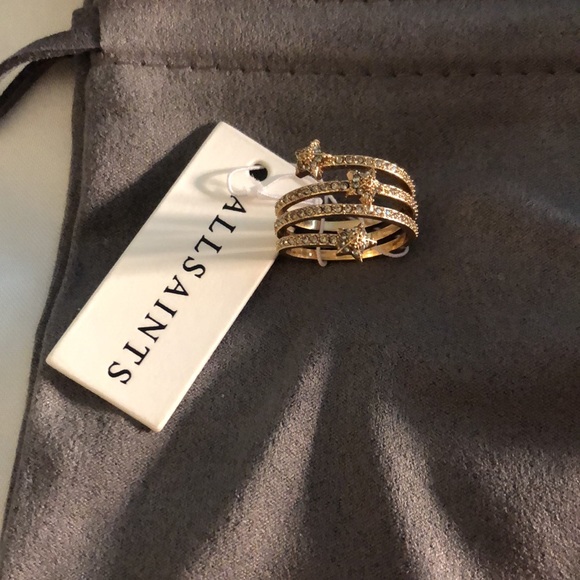 ALLSAINTS Gold Tone Star Coil Ring Crystal Accents Size 7 NWT & Dust Bag - Picture 7 of 12